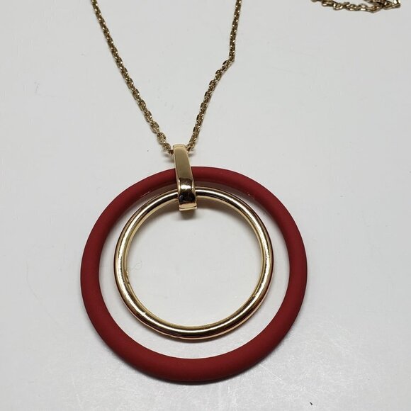 Women's Stunning Polished Gold Tone Necklace w/ Double Hoops Pendant, 38+4-inch - Picture 8 of 10
